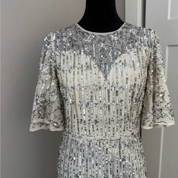 New Mac Duggal Silver Flounce Sleeve Midi Dress 5579 Size 4 - Picture 5 of 11